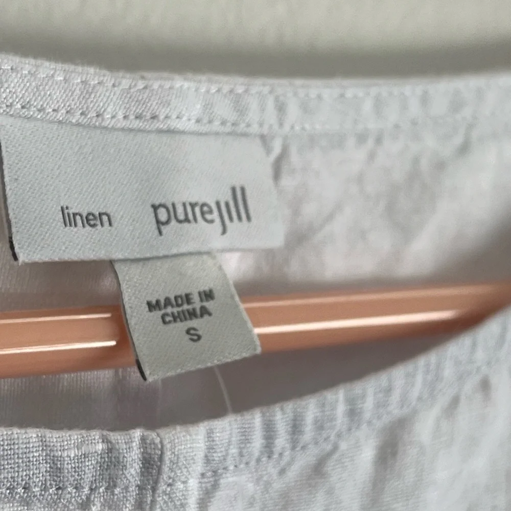 PURE JILL Top - White Linen Short Sleeve Pullover, Blue Color Block, Small‎ - Picture 5 of 8